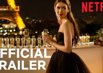 Mujer elegante en vestido negro frente a la Torre Eiffel con copas de champán: La sorprendente reacción de Lucien Laviscount a las duras críticas de Lucas Bravo sobre Emily in Paris que nadie esperaba