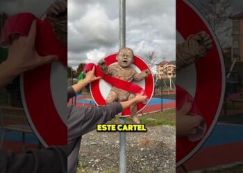Manos colocando una cinta roja sobre una escultura de bebé fijada a una señal circular de prohibido en un parque infantil.