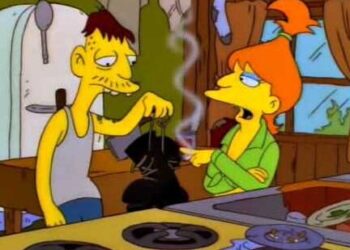 Pareja de personajes animados conversando en una cocina desordenada con humo y utensilios por todas partes, La familia de Cletus en Los Simpson: curiosidades y secretos revelados.