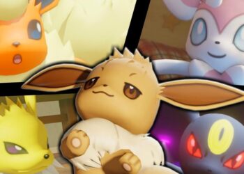 Familia de Eevee: descubre sus evoluciones y secretos encantadores, Eevee central rodeado por Flareon, Jolteon, Umbreon y Sylveon.