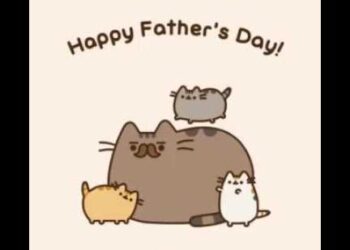 Descubre la adorable familia de Pusheen y sus divertidas aventuras: ilustración del papá Pusheen con tres gatitos celebrando el Día del Padre.