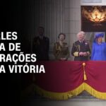 Descubre lo que realmente se dijo sobre la paternidad, ¡te sorprenderá! Miembros de la realeza en un balcón oficial con estandarte rojo y borlas doradas durante una conmemoración.