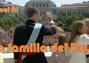 Balcón real con miembros de la familia saludando a una multitud en un acto público, texto naranja superpuesto y una plaza llena de espectadores.