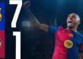 Foto de celebración del FC Barcelona con marcador 7-1 y escudos visibles; ¿Cuánto cobra Pedri en el FC Barcelona? Descubre su salario y más