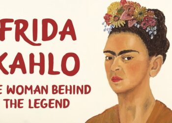 Retrato pintado de una mujer con cejas prominentes y flores en el cabello junto a texto promocional en inglés que sugiere una biografía