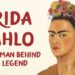 Retrato pintado de una mujer con cejas prominentes y flores en el cabello junto a texto promocional en inglés que sugiere una biografía
