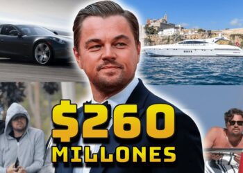 Hombre con traje y corbatín frente a un collage que muestra un yate, un coche deportivo y la cifra $260 millones, sugiriendo patrimonio y lujo.