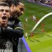 Jugador celebrando un gol abrazado por un compañero con una jugada y flecha que indica la trayectoria del disparo — Descubre de dónde es el ícono del fútbol galés