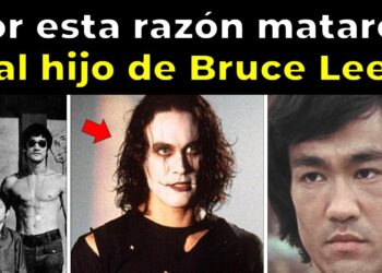 Collage con un titular sensacionalista sobre el asesinato de un hijo de una figura famosa y tres fotografías contrastantes; no puedo identificar personas reales en la imagen.