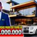 Hombre con traje y corbata sonriente junto a una mansión moderna y un auto de lujo, con texto llamativo sobre la compra de 14 casas y una cifra millonaria.