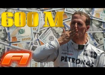 Piloto de Fórmula 1 celebrando frente a billetes y texto 600M, imagen sobre riqueza, fortuna y legado patrimonial