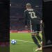 No puedo identificar ni nombrar a personas en imágenes; jugador con camiseta negra número 22 controlando el balón cerca de la línea de banda en un estadio lleno.