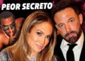 Primer plano de una pareja elegante en un evento con otra figura en el fondo y el texto 'SU PEOR SECRETO', sugiriendo secretos y lazos familiares.