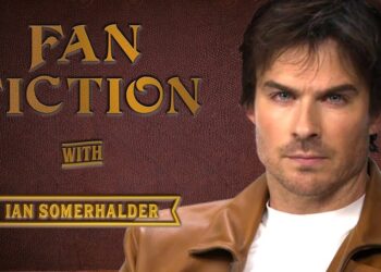 Primer plano de un hombre con chaqueta marrón frente a un fondo estilo portada que sugiere una producción titulada Fan Fiction, evocando calidez familiar, amor y mascotas