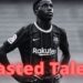 Jugador de fútbol con camiseta del FC Barcelona en blanco y negro y texto rojo 'Wasted Talent' que invita a descubrir cuánto cobra y su impacto en el fútbol