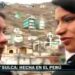Entrevista televisiva en exteriores con dos mujeres y un rótulo que destaca a una cantante peruana