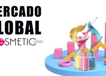 Gráfico del mercado global de cosméticos con frascos de esmalte, salpicaduras de color y barras de crecimiento; Descubre de dónde es Avon y su impacto en la belleza global