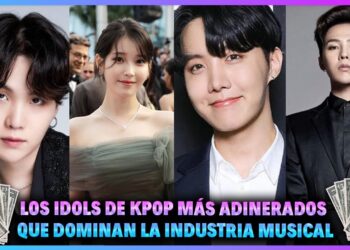 Collage de idols de K-pop con billetes y texto llamativo: ¿Cuánto dinero tiene BTS? Descubre la fortuna del grupo K-pop.
