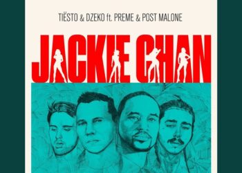 Cartel promocional con la palabra jackie chan en rojo y retratos turquesa de cuatro artistas