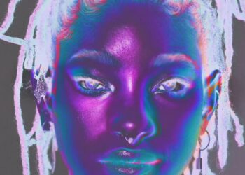 Retrato artístico en tonos neón y púrpura con rastas y piercing nasal, evocando La vida fascinante de los hijos de Will Smith: Jaden, Willow y Trey.