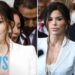 La asombrosa fortuna de Jeff Bezos: ¿Cuánto dinero tiene realmente? Pareja vestida formalmente en un acto público, mujer con blazer blanco y hombre con traje y corbata.