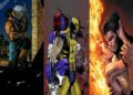Las parejas más icónicas de Wolverine que no puedes olvidar: collage que muestra a Wolverine abrazado a tres parejas diferentes en escenas de cómic.