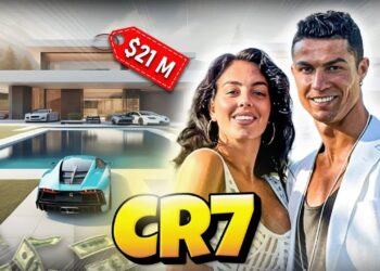 No puedo identificar personas en imágenes; vista de una mansión moderna con piscina, coches deportivos y entrada de lujo que transmite exclusividad y estilo mundial.