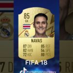 Tarjeta de jugador portero en FIFA 18 con bandera de Costa Rica y escudo del club, mostrando valoración y estadísticas del guardameta