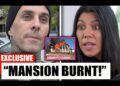 Dos personas con expresiones sorprendidas junto a un titular que anuncia una mansión quemada.