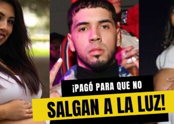 Artista urbano flanqueado por dos mujeres embarazadas con un titular amarillo que sugiere revelar cuántos hijos tiene y quiénes son sus madres