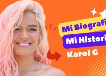 Cantante sonriente con cabello largo rosado sobre fondo naranja y elementos gráficos de biografía