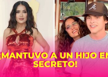 Actriz posando con vestido rojo brillante junto a un collage con texto amarillo sobre romances y secretos