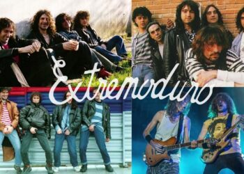 Collage de fotografías con integrantes en directo y posados, Extremoduro: descubre el origen del icónico grupo de rock español.