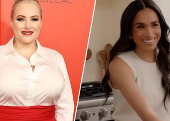 Dos mujeres en montaje dividido: una con blusa blanca y falda roja frente a un fondo rojo y otra sonriendo en una cocina doméstica.