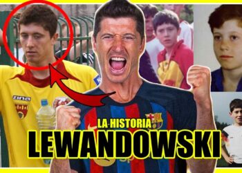 Collage del futbolista en varias etapas con imágenes de infancia y adultez que invita a explorar ¿De dónde es Robert Lewandowski? Descubre su origen y legado