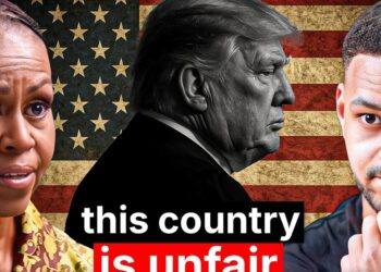 Composición editorial con tres retratos superpuestos frente a una bandera estadounidense y el texto destacado 'this country is unfair'.