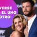 Pareja posando en alfombra roja, ella sonriente apoyada en su pareja mientras junto a ellos aparece un gráfico morado con el texto “VOLVERSE LOCOS EL UNO AL OTRO”.