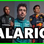 Pilotos de Fórmula 1 en retratos de estudio con la palabra SALARIOS en grande y marco verde; Sueldo de Lewis Hamilton: ¿Cuánto gana el rey de la F1?