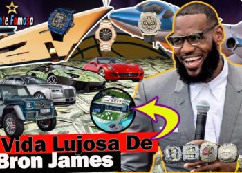 El asombroso patrimonio del jugador de baloncesto: secretos de su fortuna mostrado con yates, jets privados, autos de lujo, relojes y anillos de campeonato en un collage sobre billetes.