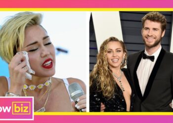 Collage de dos imágenes: una cantante en el escenario secándose lágrimas y la misma artista posando sonriente junto a su pareja en una alfombra roja.