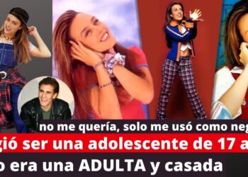 Collage de fotos retro de una cantante y titulares sensacionalistas sobre su vida personal: ¿Quién es el esposo de Fey? Descubre su historia y secretos ocultos