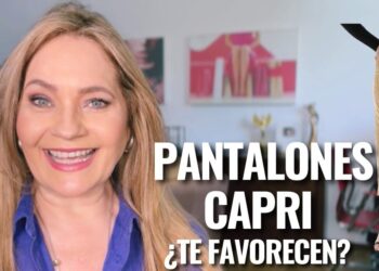 Mujer sonriente junto a texto grande 'PANTALONES CAPRI ¿TE FAVORECEN?' y un pantalón capri beige a la derecha