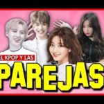 Parejas de K-pop: descubre los romances más icónicos y apasionantes en un collage vibrante de idols sobre fondo rosa y texto amarillo llamativo.