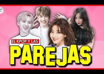 Parejas de K-pop: descubre los romances más icónicos y apasionantes en un collage vibrante de idols sobre fondo rosa y texto amarillo llamativo.