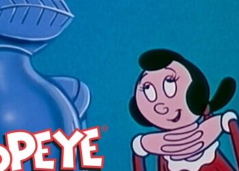Dibujo clásico de Olivia Olivo mirando sonriente junto a una silueta azul y el logo parcial, ¿Quién es la esposa de Popeye? Descubre a Olivia Olivo y su historia