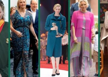 Descubre el impactante vestido de gala que dejó a todos boquiabiertos: collage vertical con varias apariciones de una mujer luciendo vestidos de noche, un abrigo azul elegante, un conjunto fluido rosa y looks más casuales con medalla deportiva.
