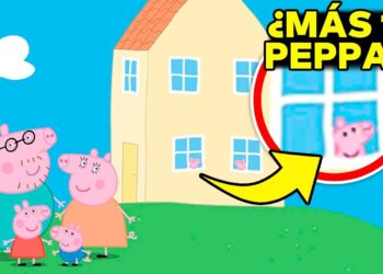 Ilustración de la familia de Peppa Pig frente a su casa con un zoom en la ventana: ¿Dónde vive Peppa Pig? Descubre la casa de la cerdita famosa