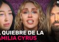 Tres rostros sobre fondo púrpura y titular que insinúan conflicto y drama: Familia de Miley Cyrus: secretos y revelaciones impactantes