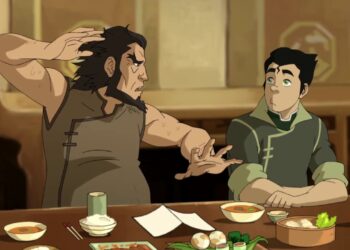 Dos personajes animados conversan en una mesa con comida, La familia de Aang: secretos y curiosidades de los maestros aire.