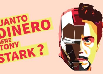 Ilustración pop-art del rostro mitad humano mitad casco de Iron Man junto a texto llamativo: ¿Cuánto dinero tiene Tony Stark? Descubre su increíble fortuna